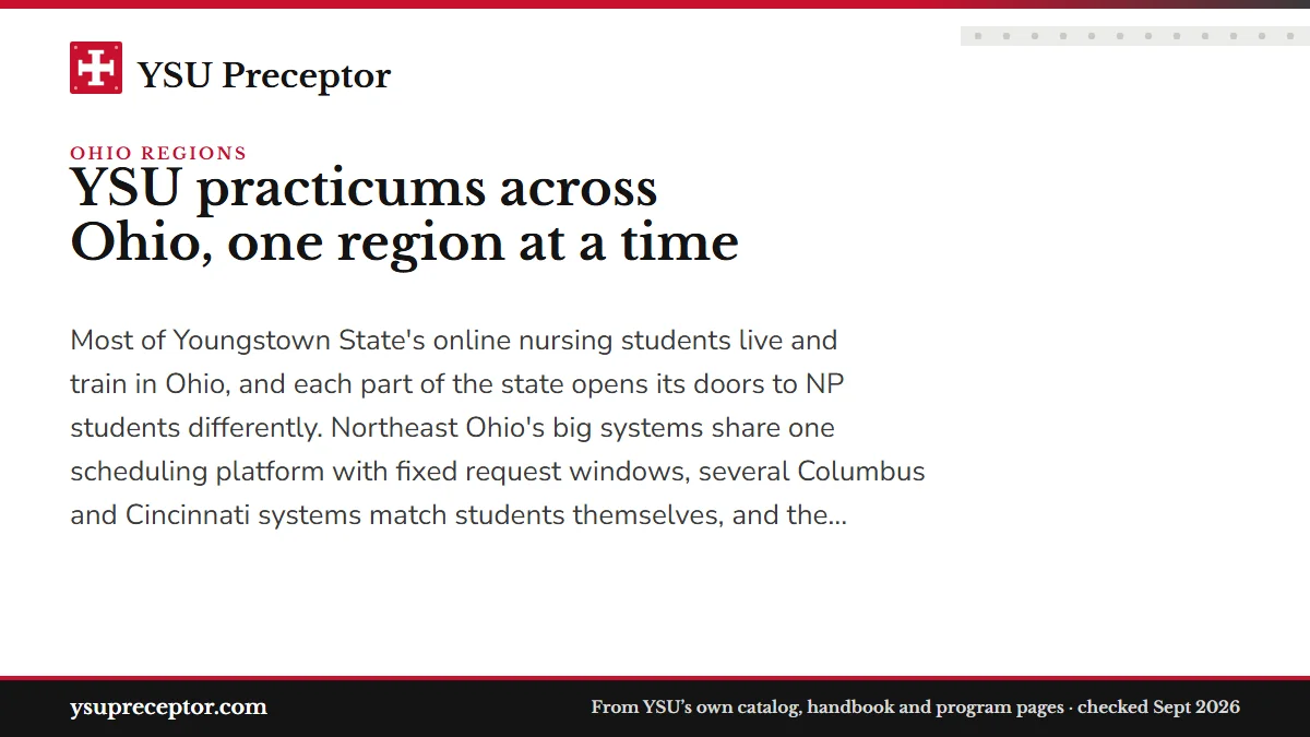 YSU practicums across Ohio, one region at a time. Most of Youngstown State's online nursing students live and train in Ohio, and each part of the state opens its doors to NP students differently. Northeast Ohio