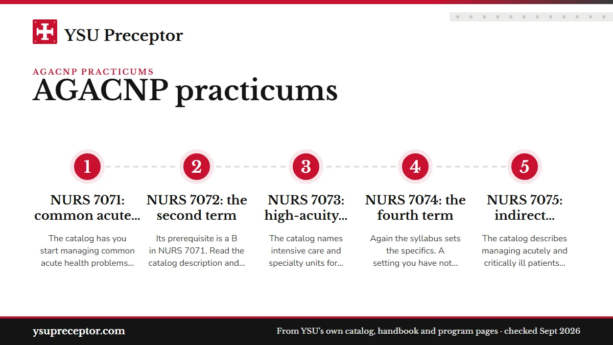 Numbered steps. Each practicum, one by one: 1 NURS 7071: common acute problems, close oversight; 2 NURS 7072: the second term; 3 NURS 7073: high-acuity units; 4 NURS 7074: the fourth term; 5 NURS 7075: indirect supervision.