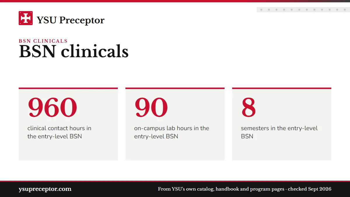 BSN clinicals. 960: clinical contact hours in the entry-level BSN; 90: on-campus lab hours in the entry-level BSN; 8: semesters in the entry-level BSN.