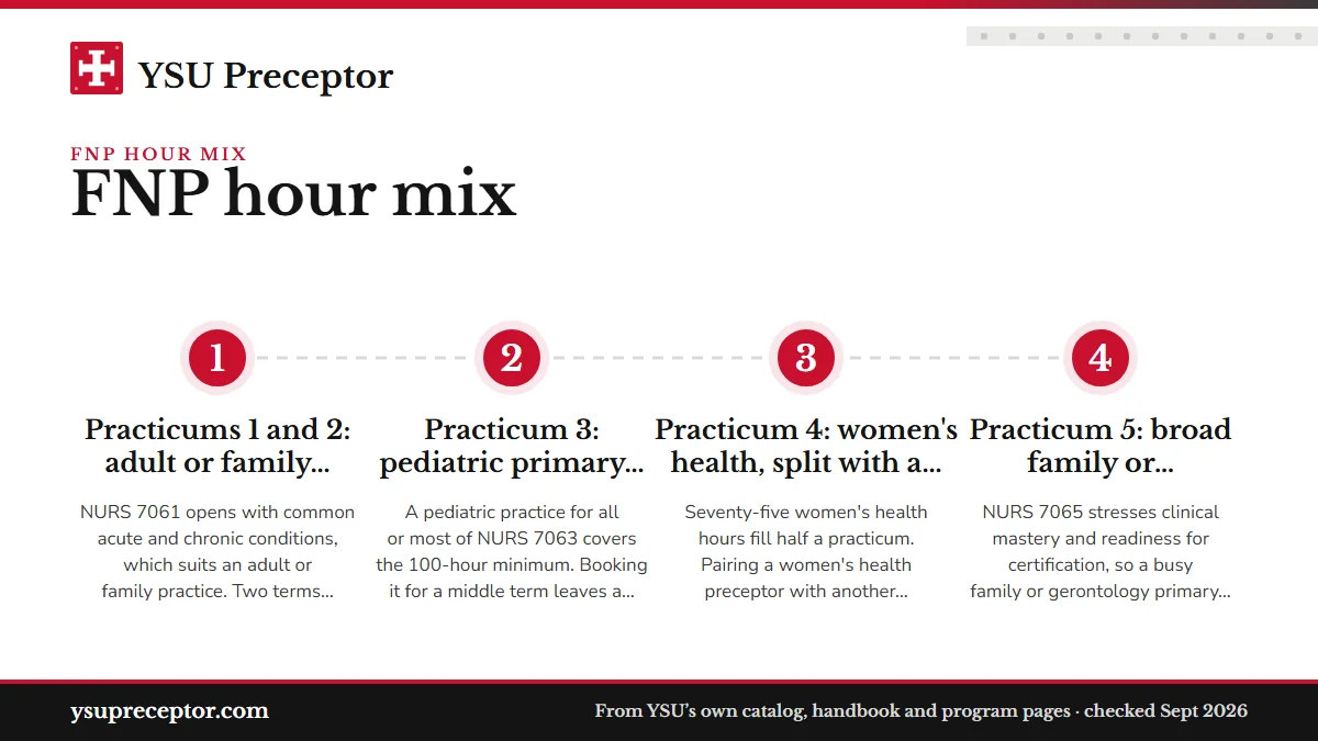 Numbered steps. Spreading the mix over five practicums: 1 Practicums 1 and 2: adult or family primary care; 2 Practicum 3: pediatric primary care; 3 Practicum 4: women's health, split with a second preceptor; 4 Practicum 5: broad family or gerontology practice.